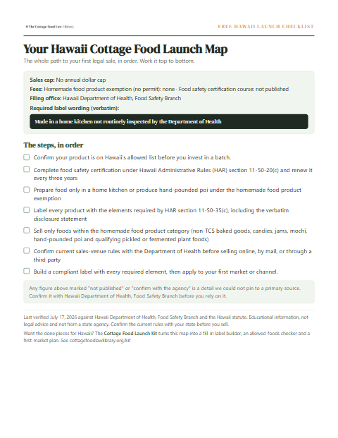 The free Hawaii cottage food checklist, one page