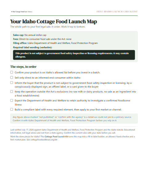 The free Idaho cottage food checklist, one page