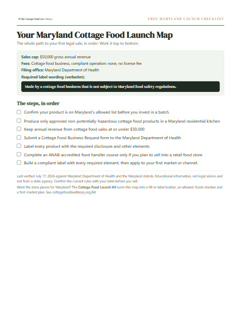 The free Maryland cottage food checklist, one page