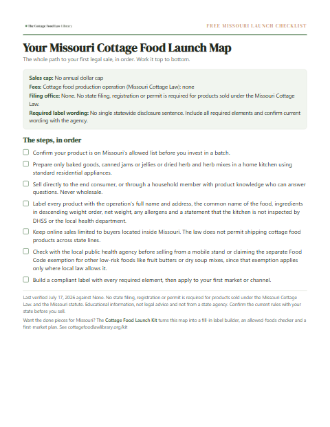 The free Missouri cottage food checklist, one page