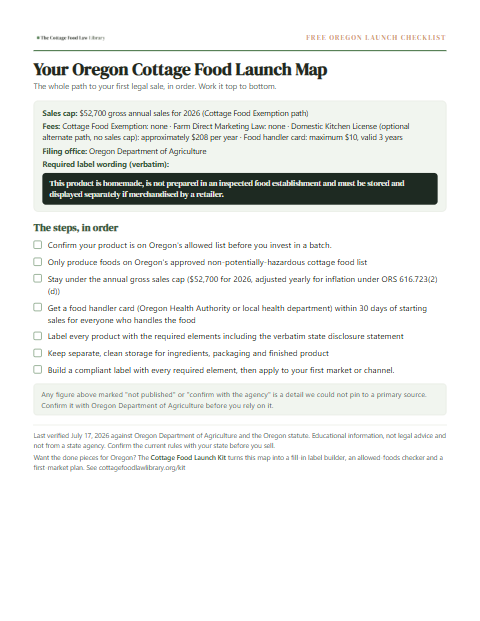 The free Oregon cottage food checklist, one page