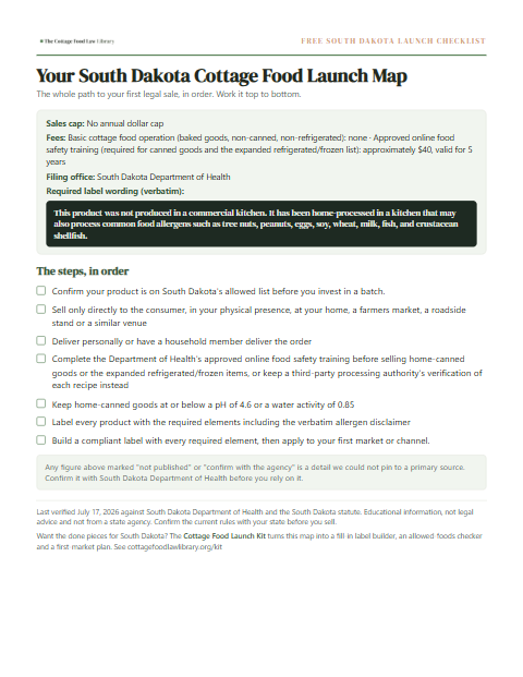 The free South Dakota cottage food checklist, one page
