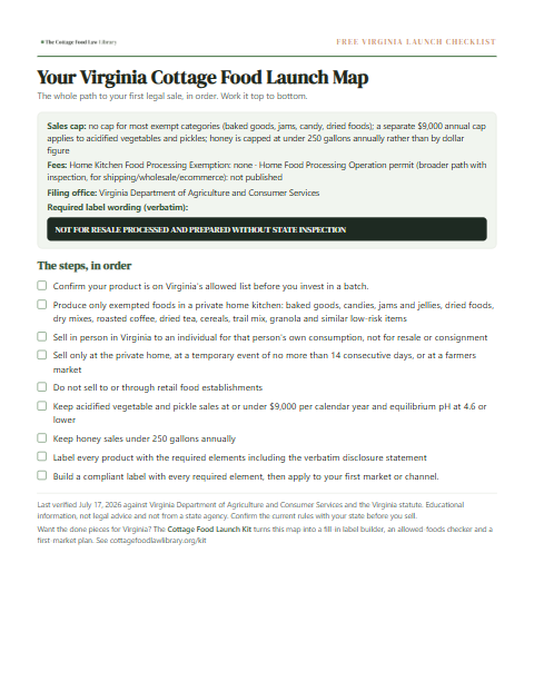 The free Virginia cottage food checklist, one page