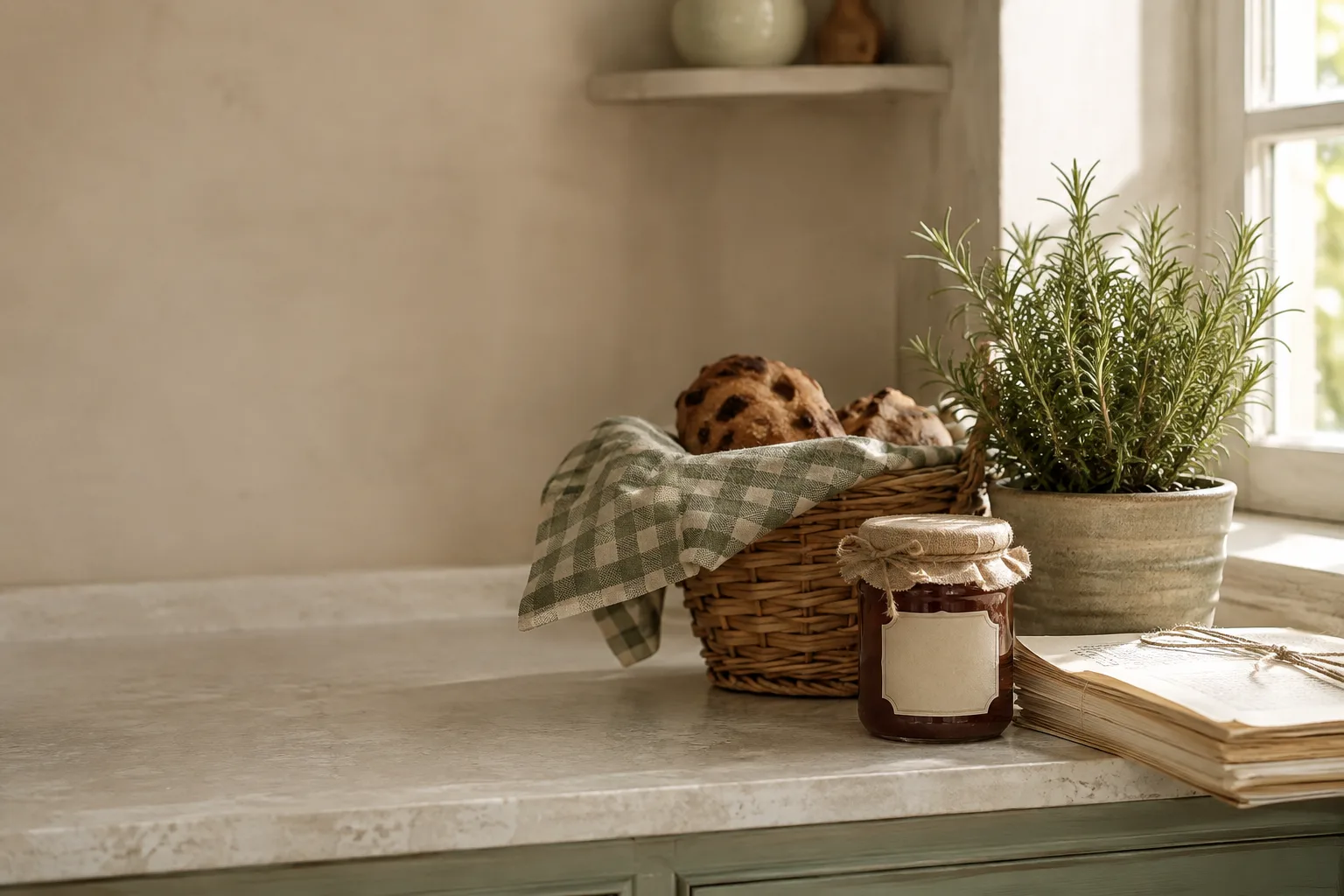 A calm home kitchen counter with potted herbs, a jam jar with a blank label, a warm ceramic mug and a tied stack of printed pages