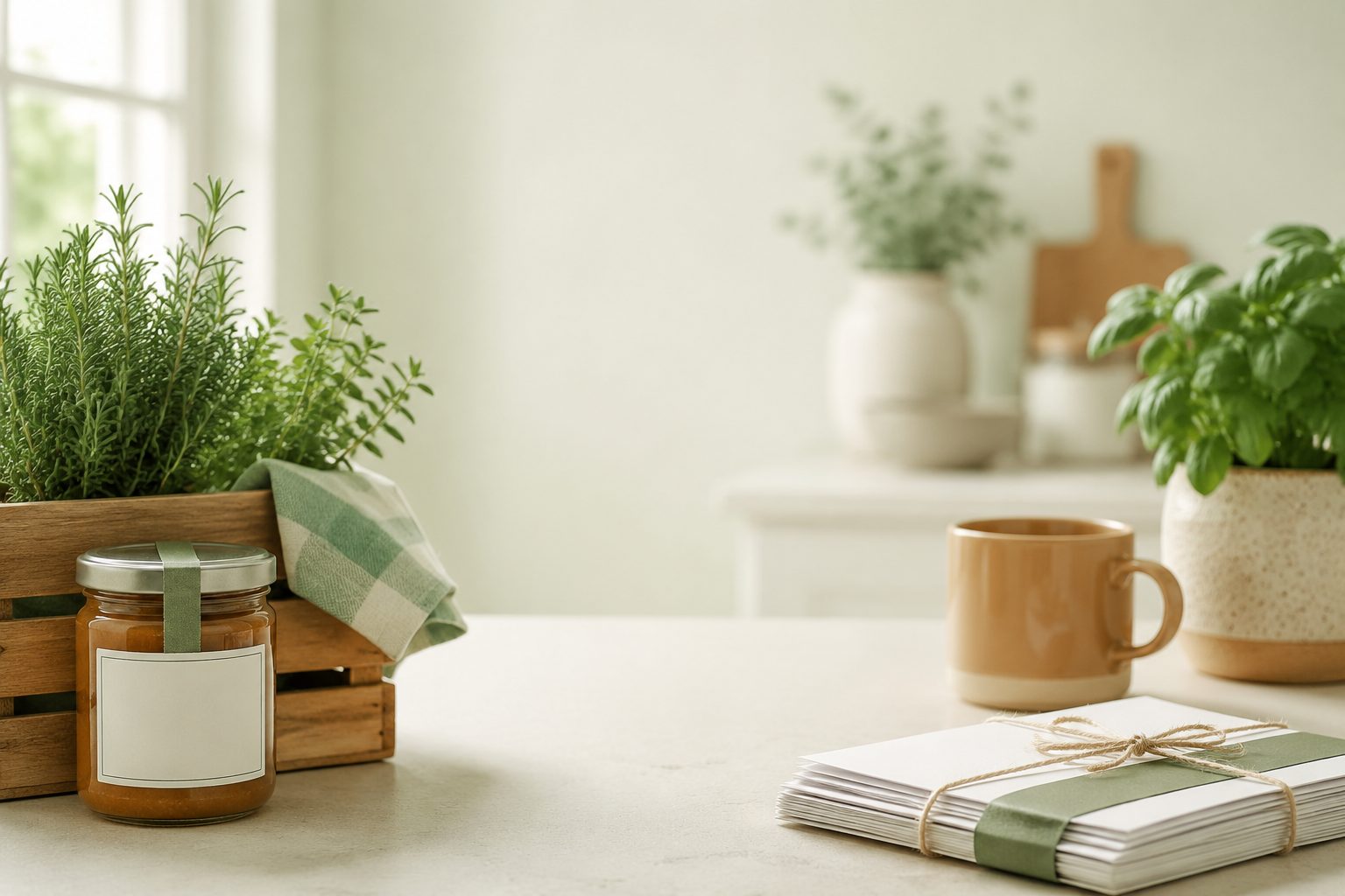 A calm home kitchen counter with potted herbs, a jam jar with a blank label, a warm ceramic mug and a tied stack of printed pages