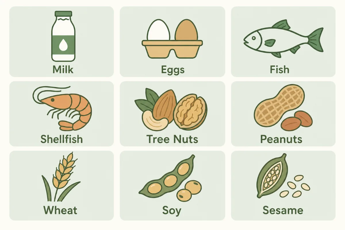 A grid of nine cards, each showing an icon and name for a major food allergen: milk, eggs, fish, shellfish, tree nuts, peanuts, wheat, soy and sesame