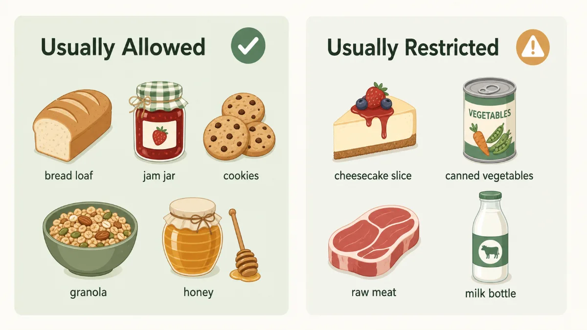 A two-panel diagram of foods usually allowed as cottage food, shown as a bread loaf, jam jar, cookies, granola and honey, next to foods usually restricted, shown as cheesecake, canned vegetables, raw meat and milk