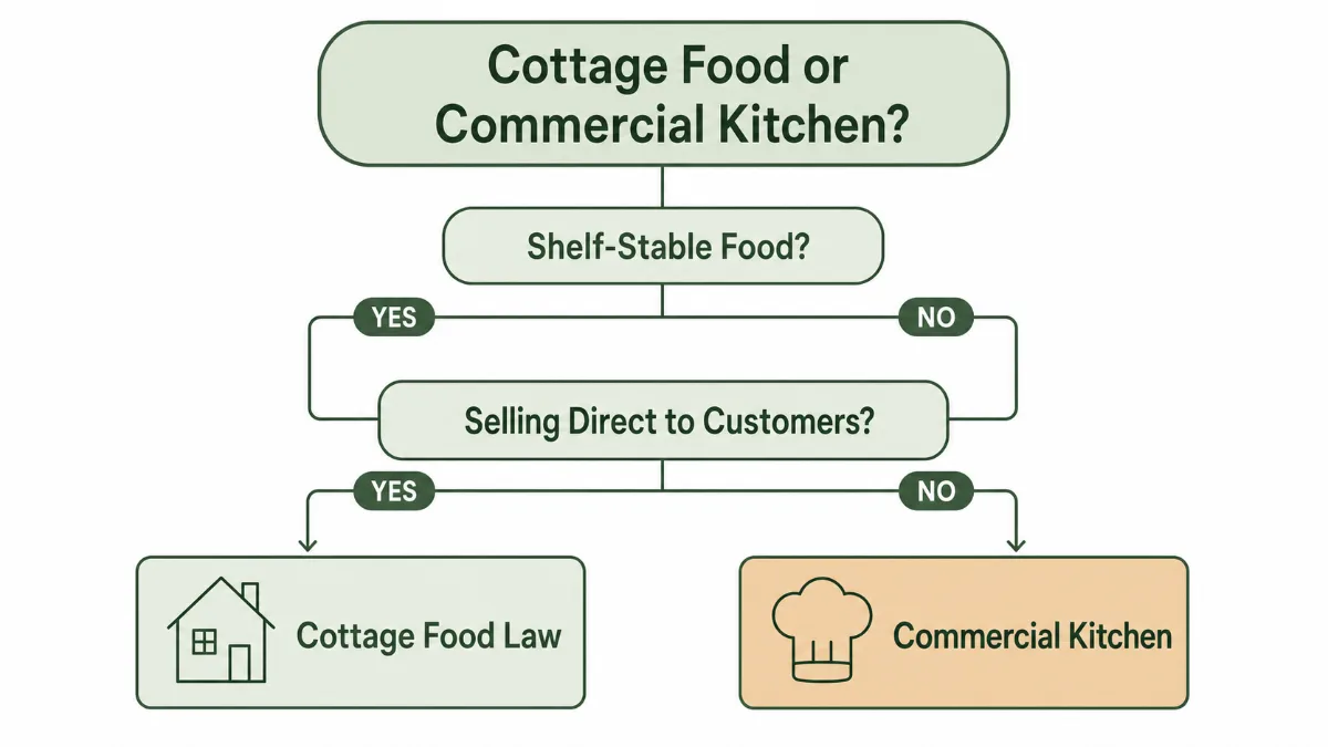 A decision tree diagram asking whether a food is shelf stable and sold direct to customers, branching to an outcome of cottage food law or a licensed commercial kitchen