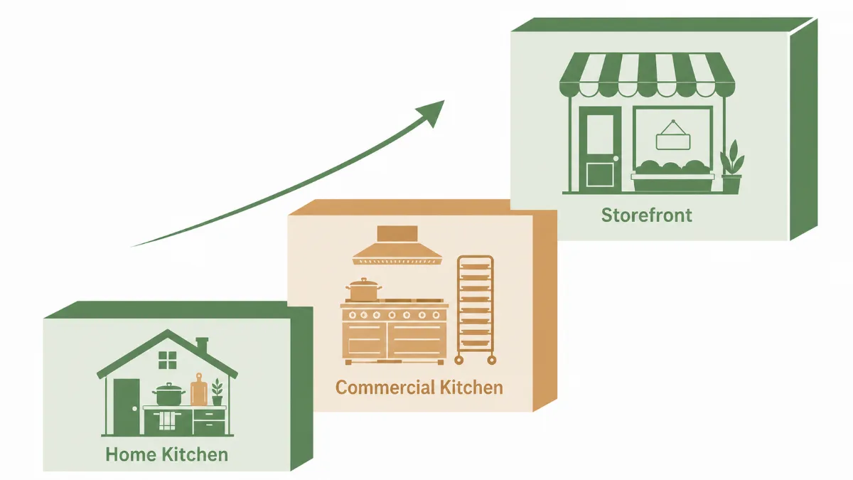 A three-step staircase diagram showing a home food business growing from a home kitchen to a commercial kitchen to a storefront