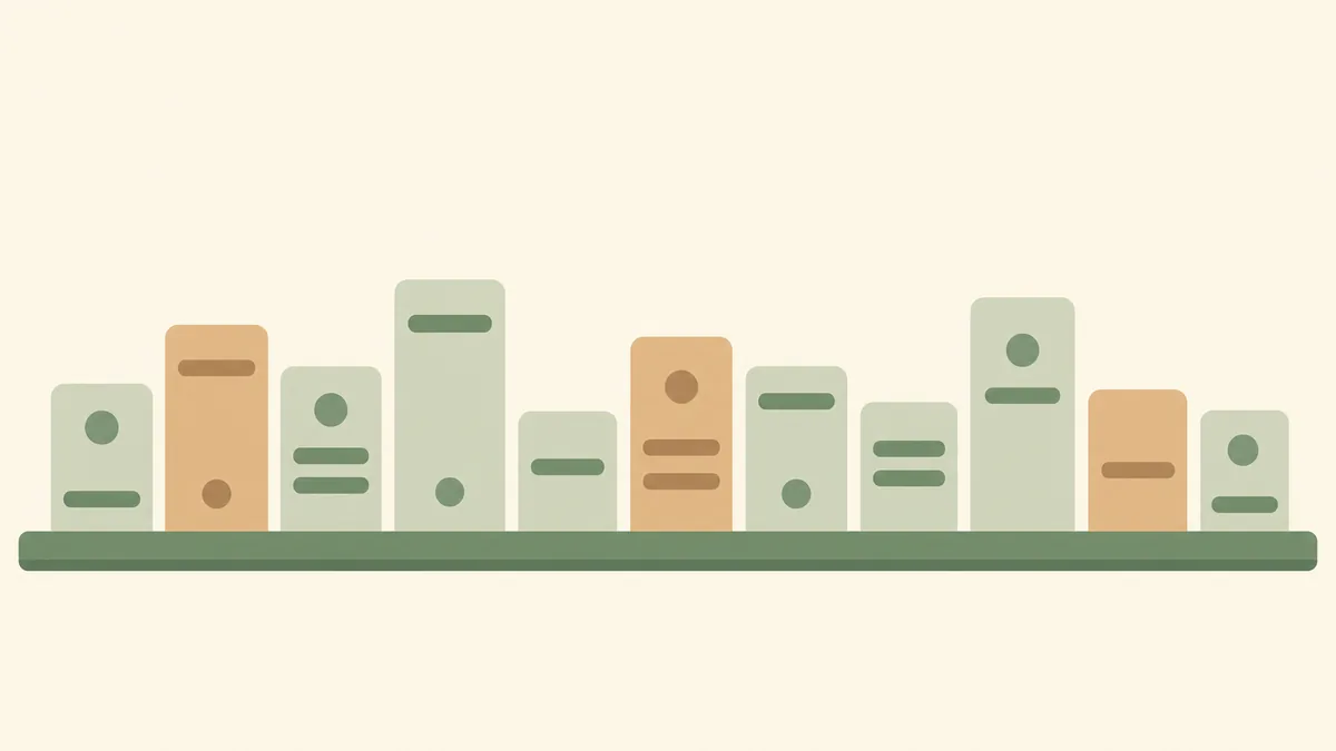 A flat illustration of a long table of small paired cards laid out in rows, each pair holding a simple tick shape or a cross shape, suggesting a state-by-state comparison read at a glance