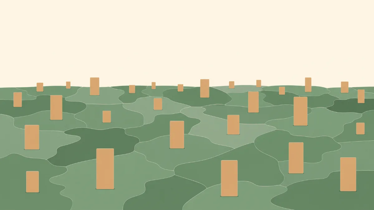 A flat illustration of rolling tiles of land each holding a small permit card standing at a different height to represent how costs vary state by state
