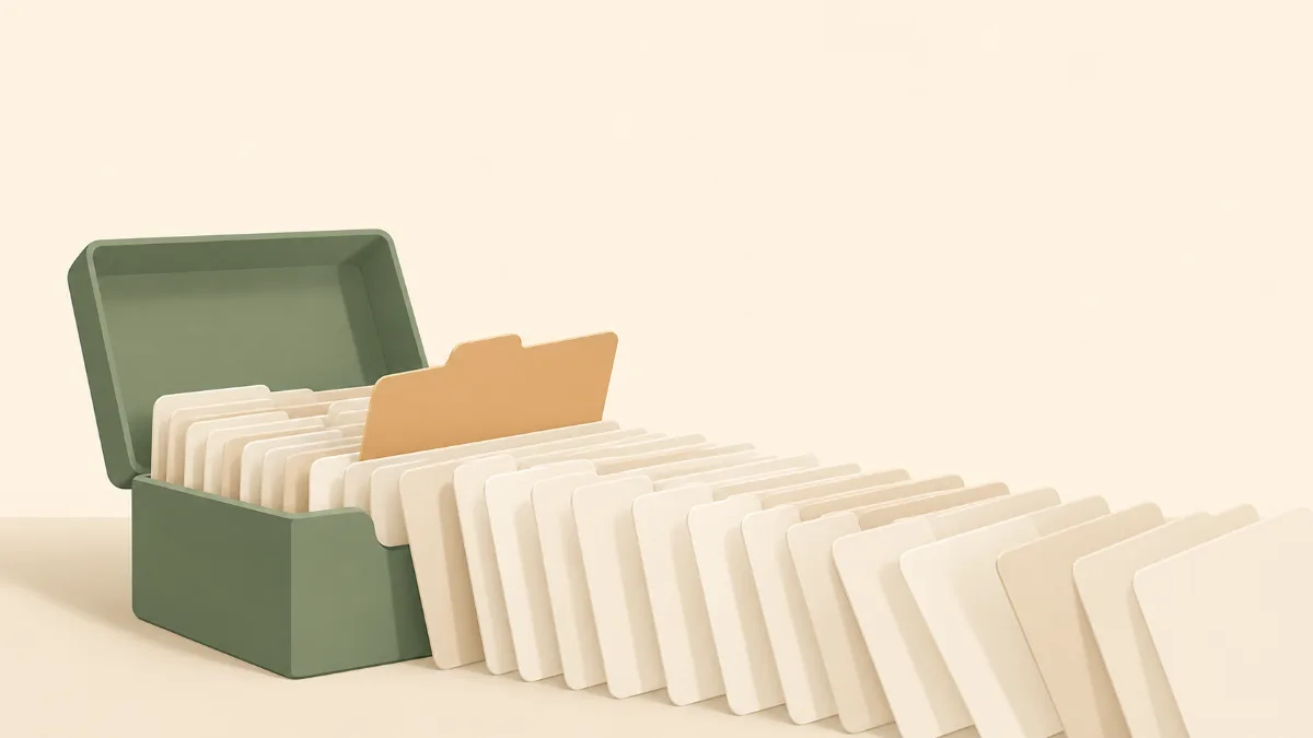 A flat illustration of an open recipe box with a row of divider cards fanning out across a table, one card lifted slightly above the rest