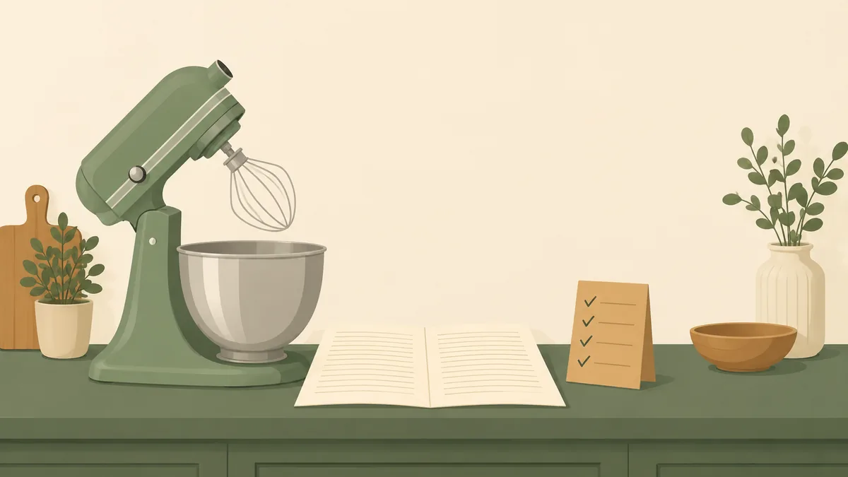 A flat illustration of a home kitchen counter with a stand mixer standing paused beside an open letter lying flat and a small checklist card propped next to it