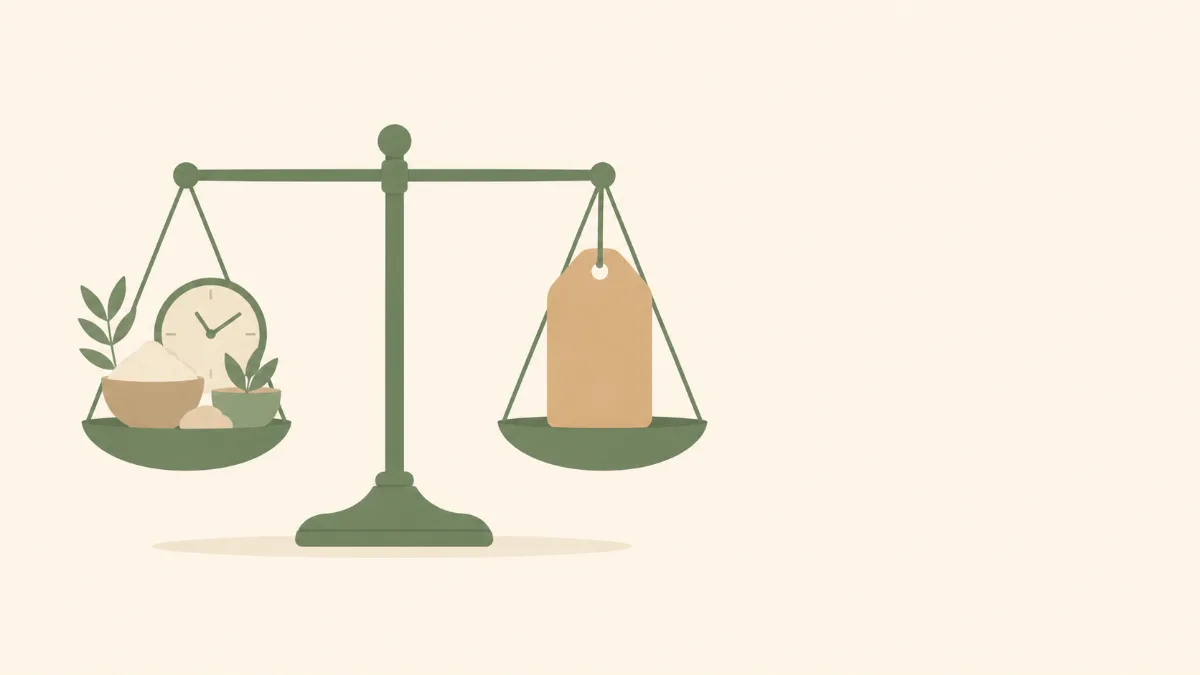 A flat illustration of a balance beam scale holding a mound of ingredients and a clock on one side and a price tag shape on the other side, resting level