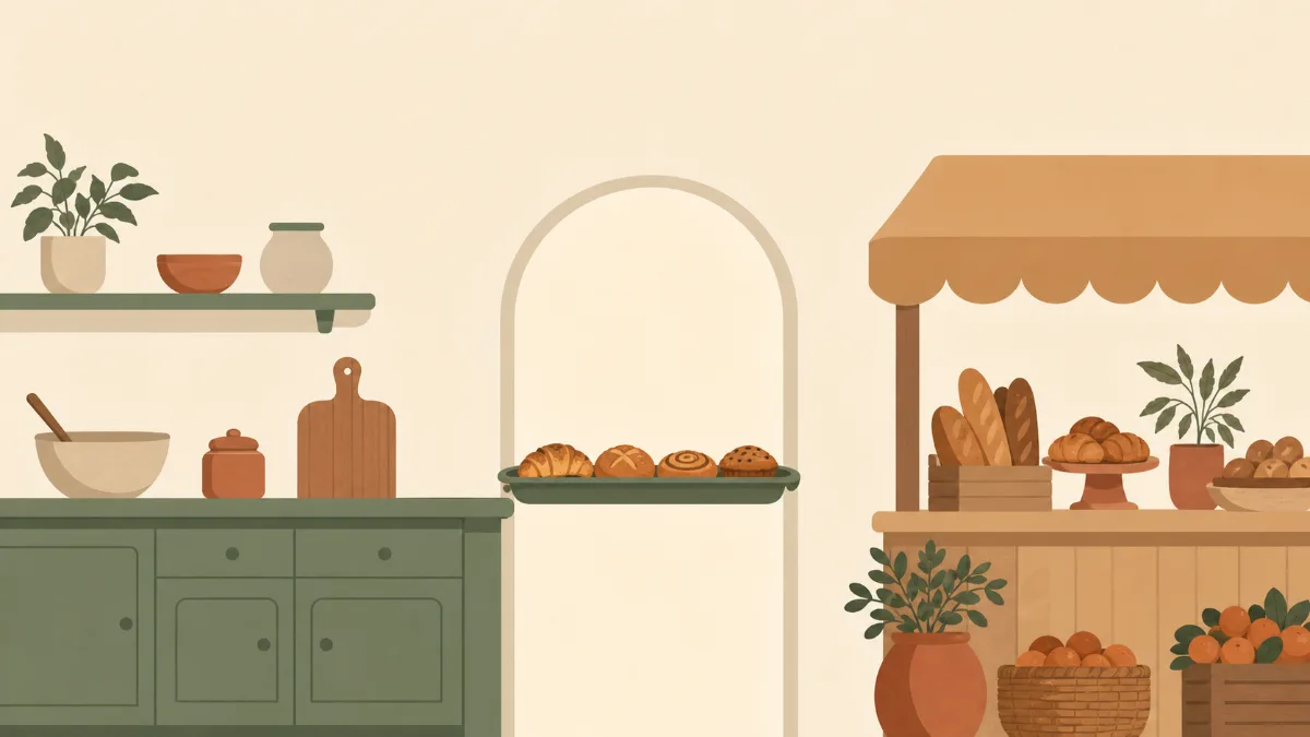 A flat illustration of a home kitchen counter on one side connected by an open doorway to a small market stall on the other side, with a tray of baked goods passing through