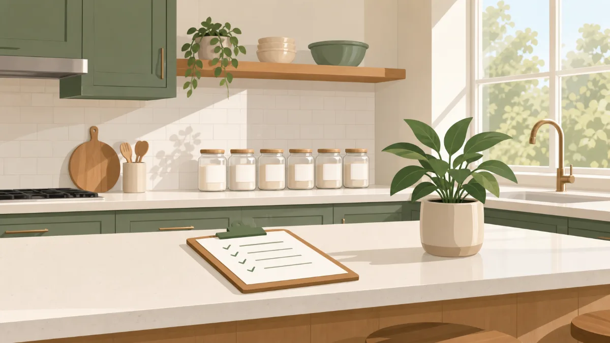 A clean home kitchen with clear counters, a neat row of labeled storage jars, a clipboard with a checklist on the counter and a small house plant