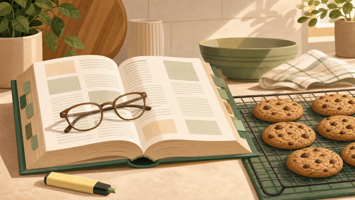 A kitchen counter with an open state law reference book beside a cooling rack of fresh cookies, with reading glasses and a highlighter resting on the page
