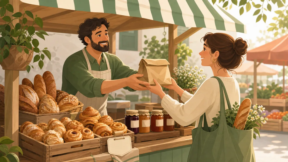 A farmers market stall set up with jars, boxed bakes and a hand-lettered price card
