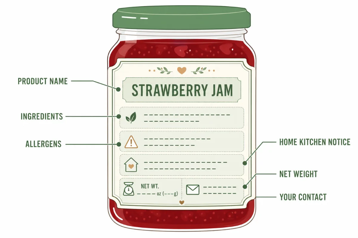 A diagram of a jam jar label with callout lines pointing to six parts: product name, ingredients, allergens, home kitchen notice, net weight and contact information