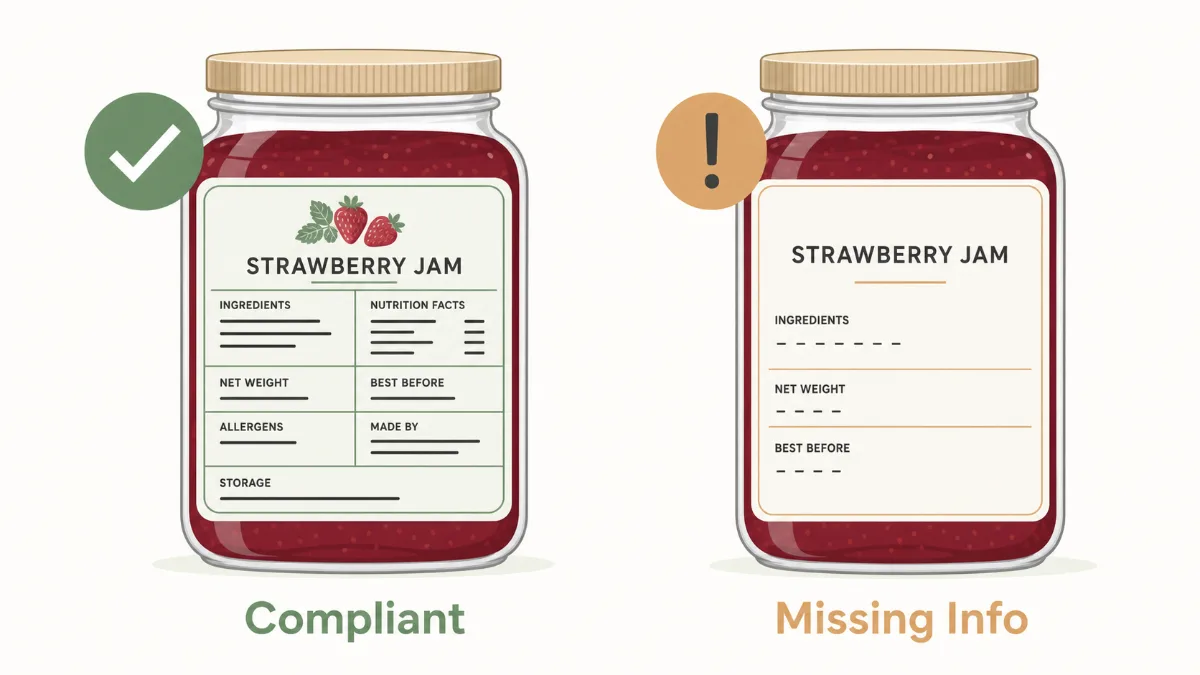 Two jam jar labels side by side, one complete and marked compliant, the other sparse with several sections left blank and marked missing information