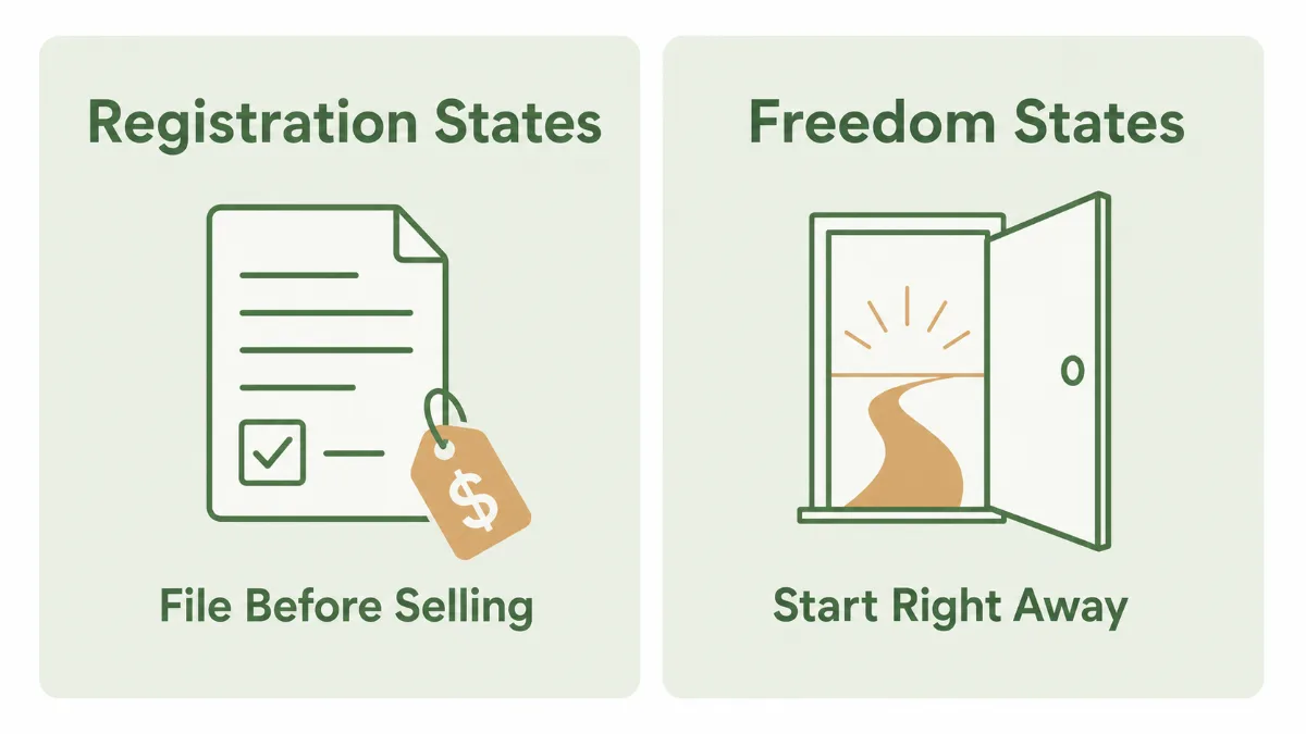 A two-panel diagram comparing registration states, shown with a form and fee icon labeled file before selling, against freedom states, shown with an open door icon labeled start right away