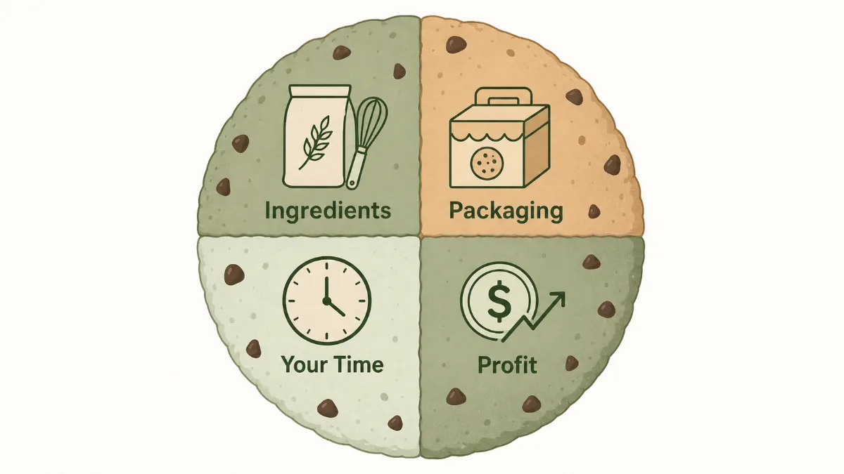 A cookie divided into four labeled wedges showing what a home bakery price covers: ingredients, packaging, your time and profit