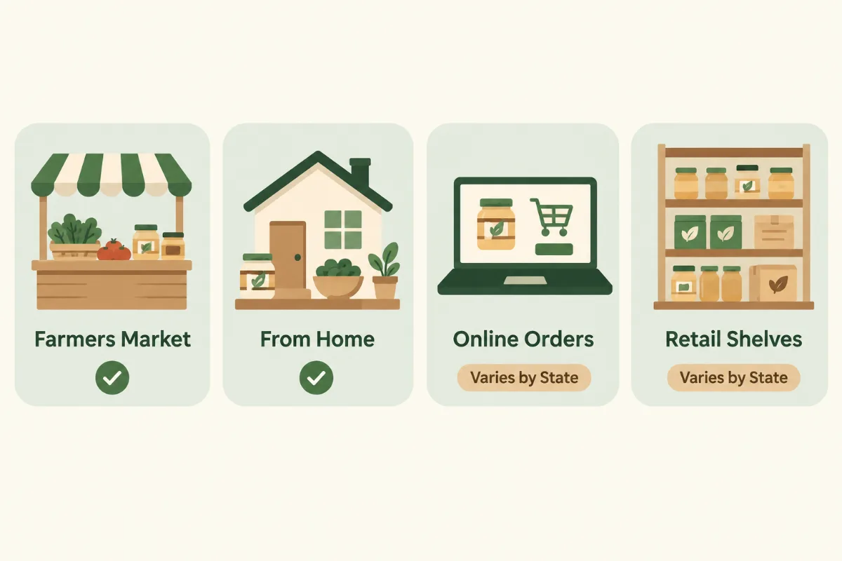 A row of four cards for where home food sells: a farmers market stall and a home doorstep both marked allowed, online orders and retail shelves both marked varies by state