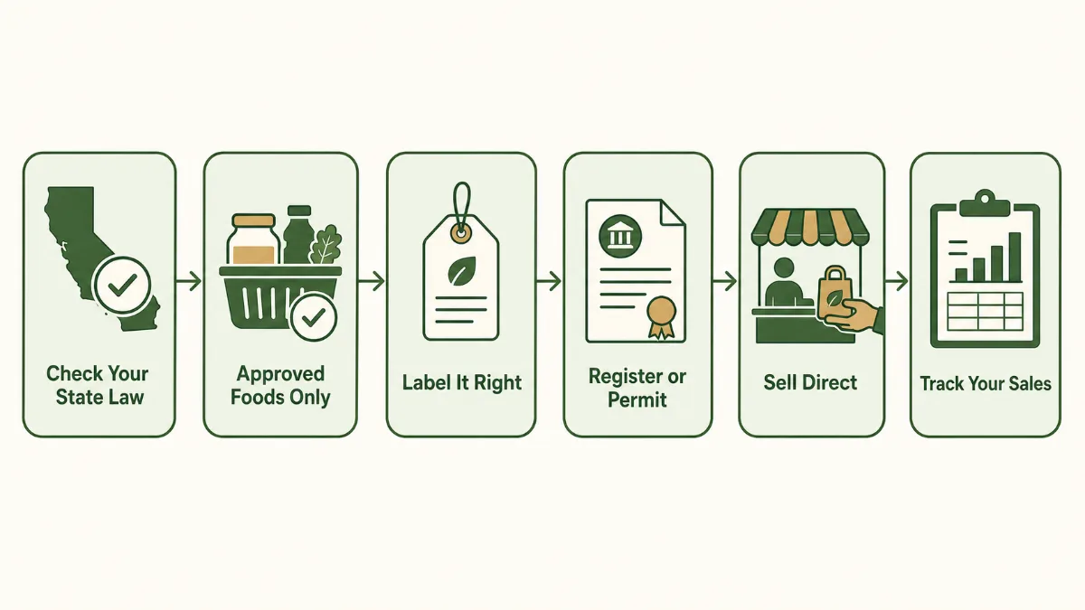 A six-step flowchart reading check your state law, approved foods only, label it right, register or permit, sell direct and track your sales