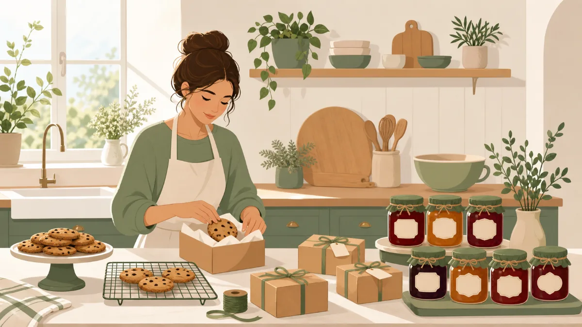 A home baker packing labeled cookies into a small box beside twine and a stack of finished orders