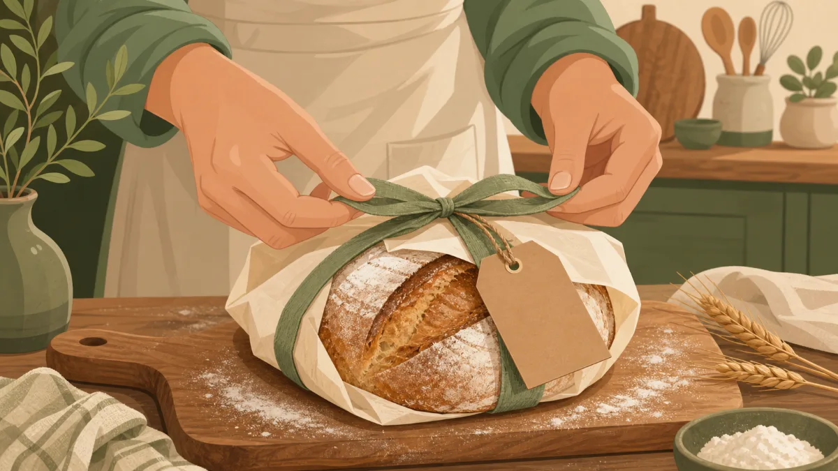 A loaf of homemade bread wrapped in paper with a ribbon on a wooden counter