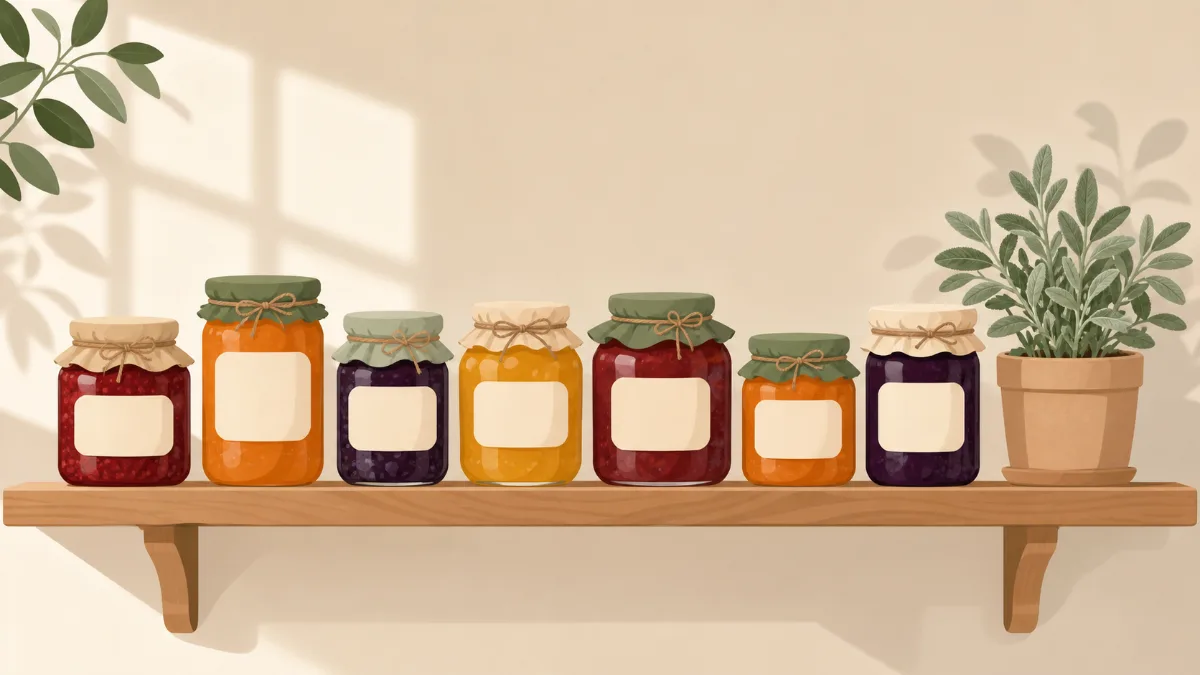 A wooden shelf of jam jars with handwritten labels in a warm kitchen