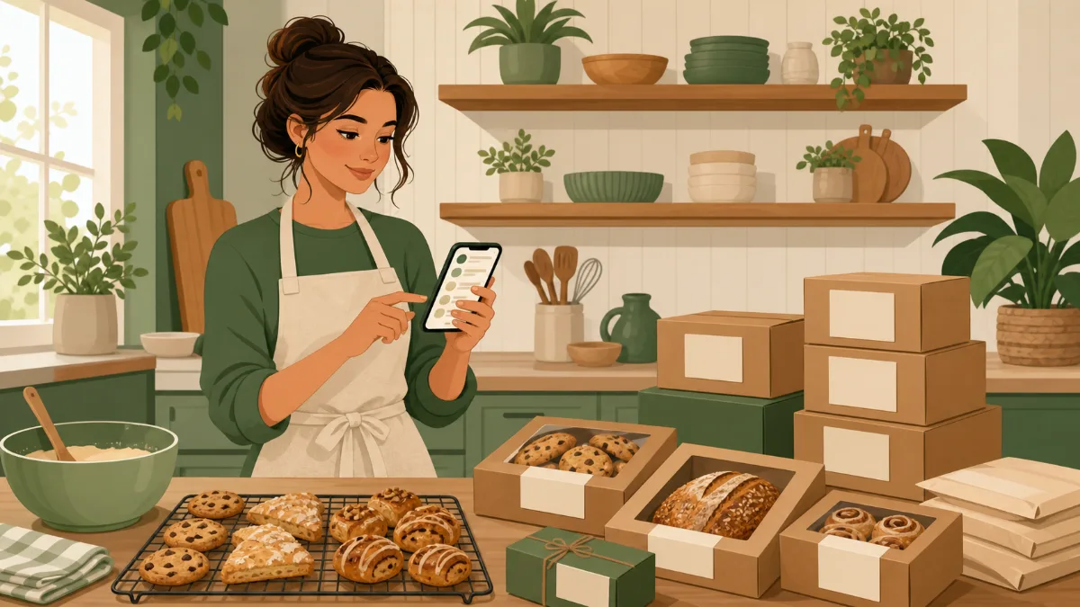 A baker checking order notifications on a phone beside boxed baked goods