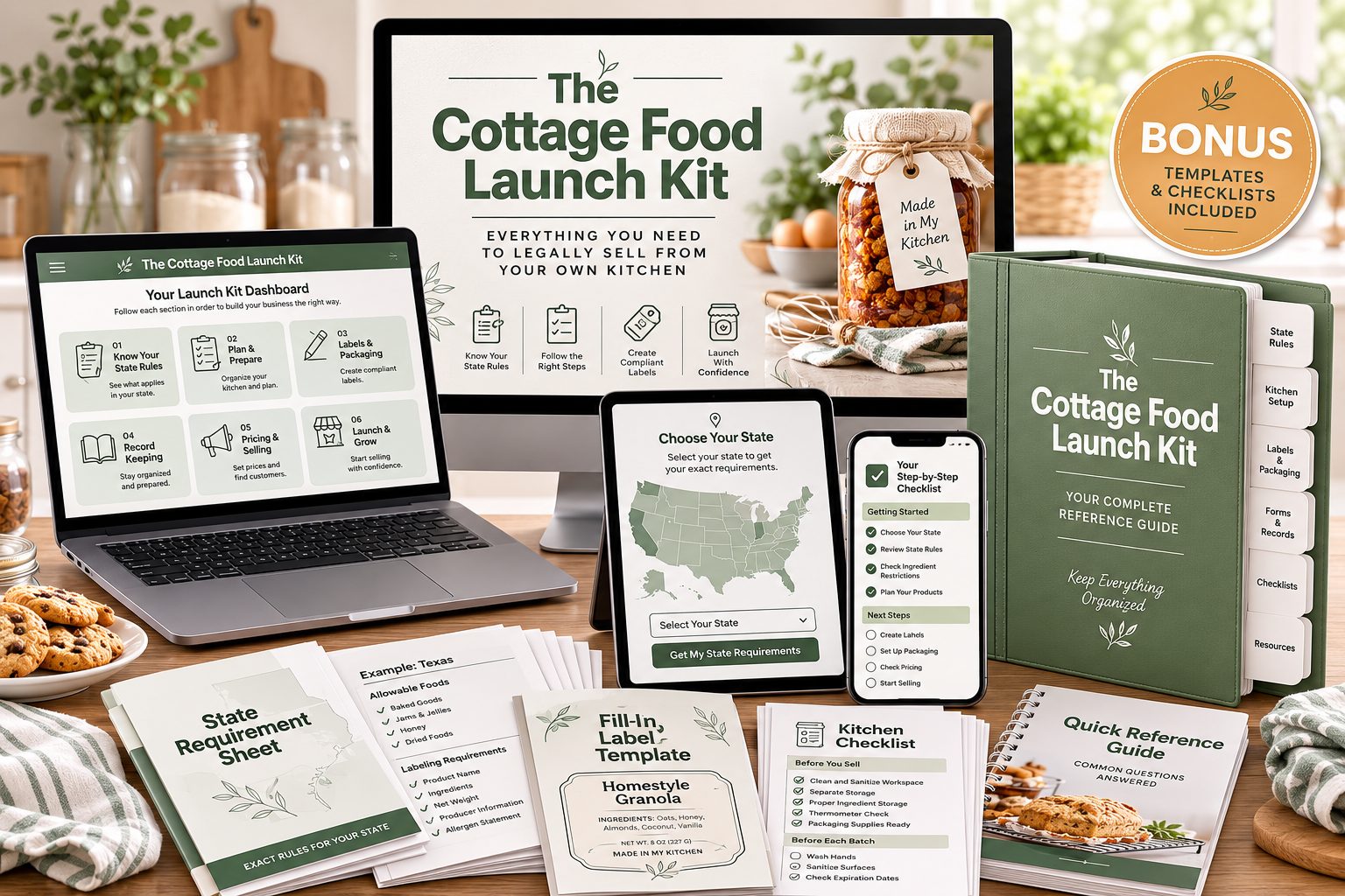 The Cottage Food Launch Kit shown across a laptop, tablet, phone, a tabbed reference binder and printed checklist and label pages on a kitchen counter